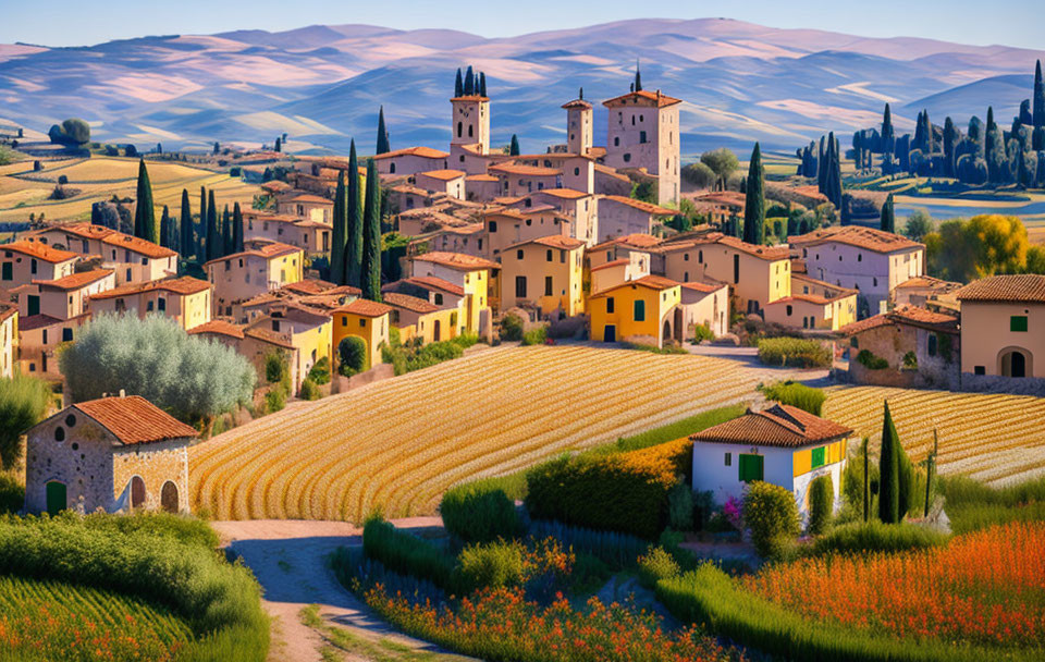 Scenic Tuscan landscape: rolling hills, cypress trees, village with stone houses and church steep