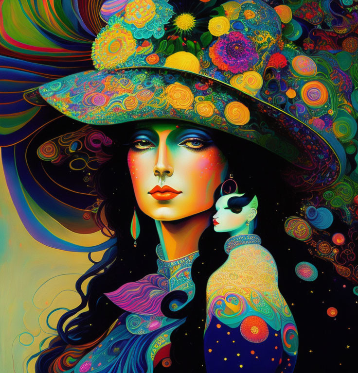 Colorful psychedelic portrait of a woman with a face on her shoulder and floral hat.