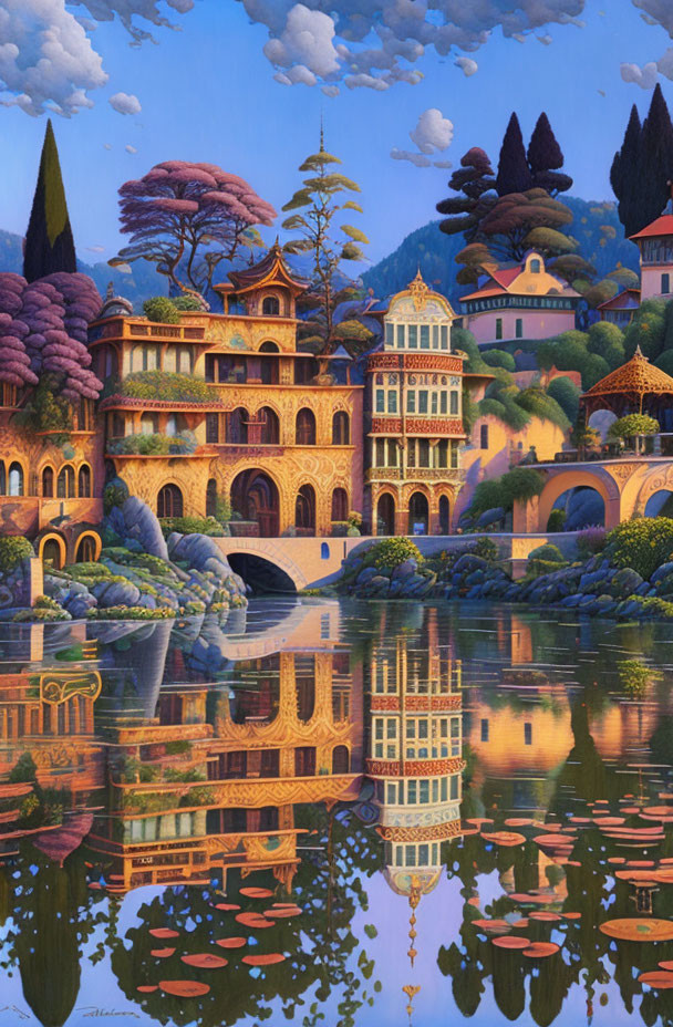 Vibrant landscape with terracotta buildings, lush trees, and tranquil lake.