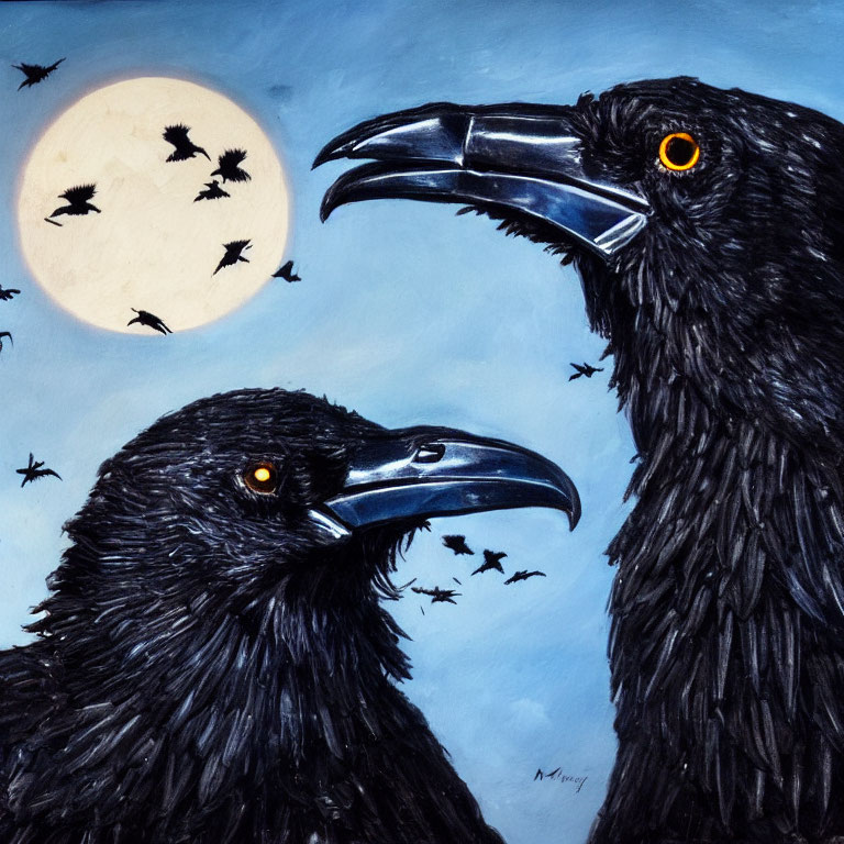 Ravens and full moon with flying bird silhouettes in twilight sky