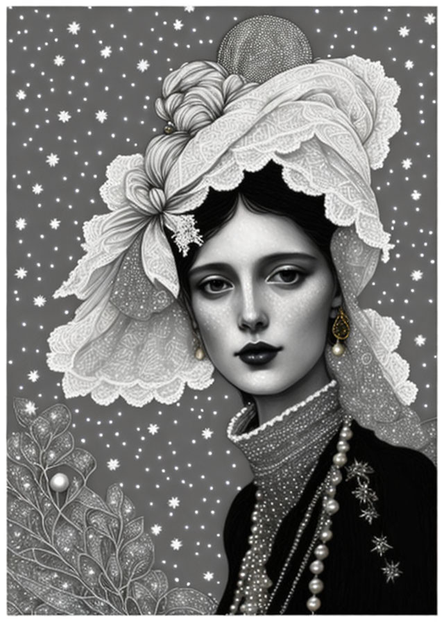 Detailed Monochromatic Illustration of Woman with Decorative Hat and Lace