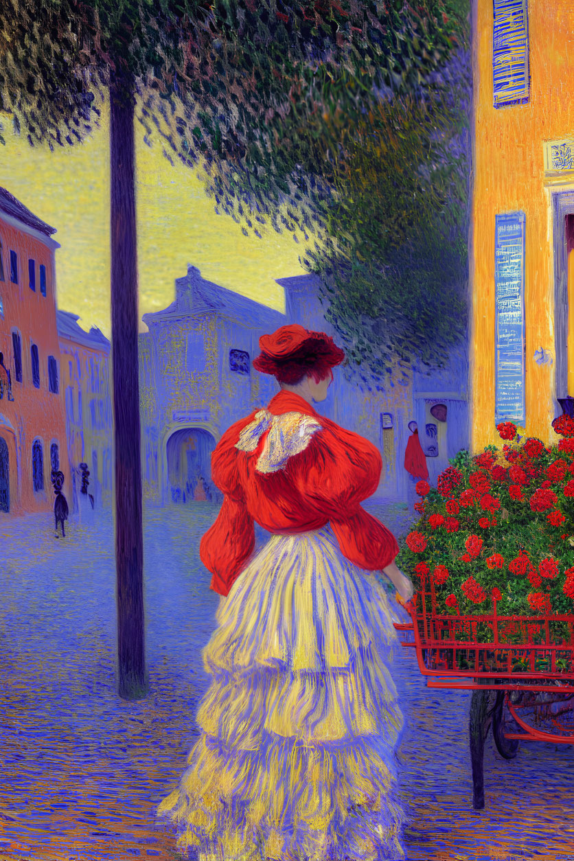 Woman in Red and White Dress on Cobblestone Street Near Flower Cart with Impressionist-Style