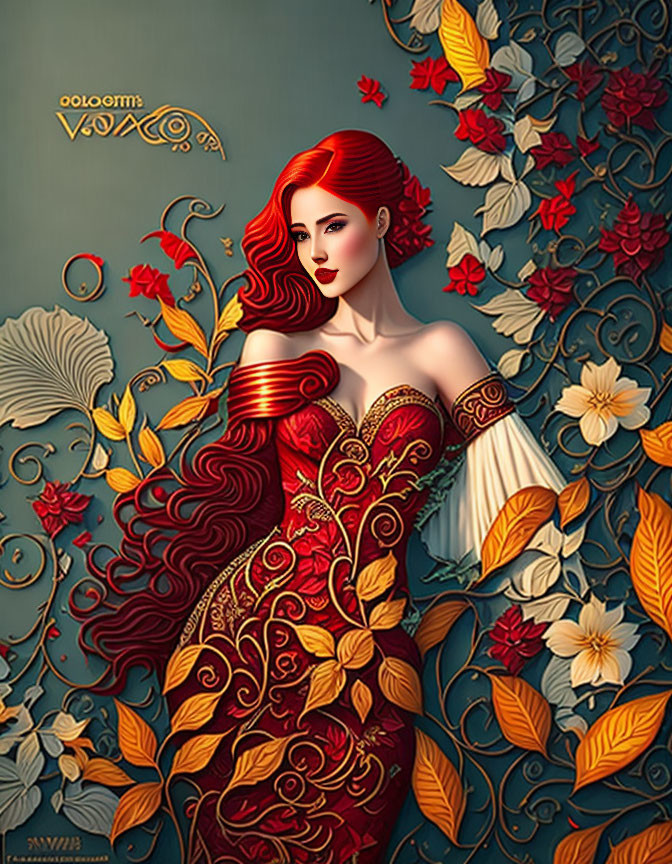 Vibrant illustration: Woman with red hair in ornate dress among floral backdrop