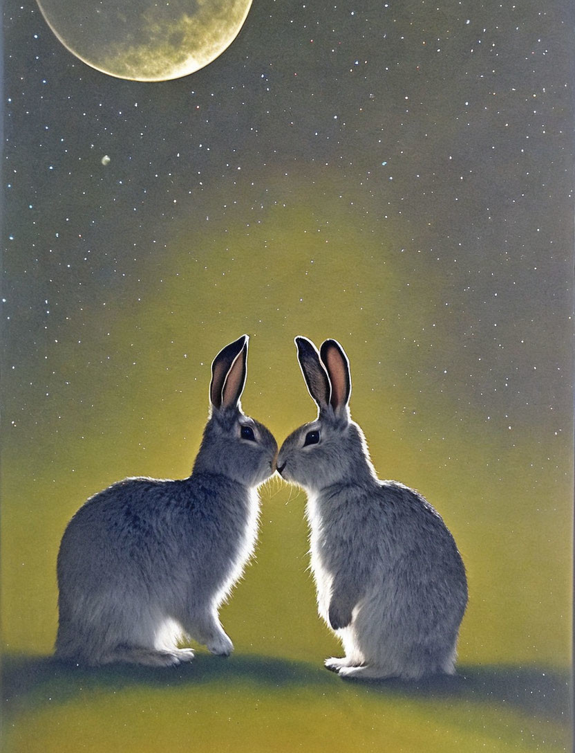 Rabbits under starry sky with full moon