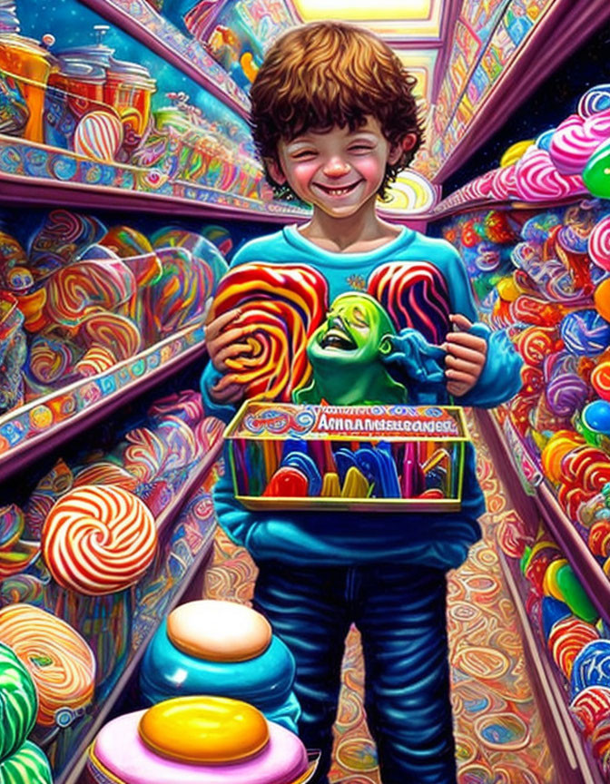 Child with oversized lollipop in colorful candy aisle