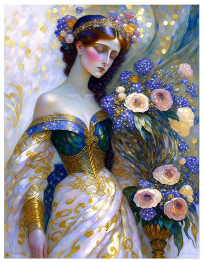 Ethereal woman in floral headpiece and elegant gown with blue accents among ornate flowers