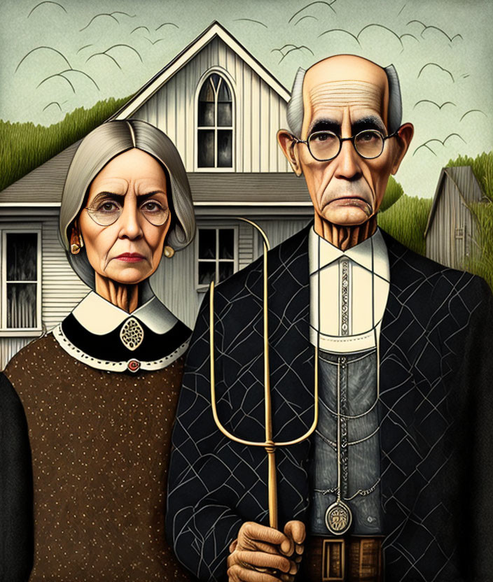 Elderly couple with stern expressions in front of house reminiscent of American Gothic