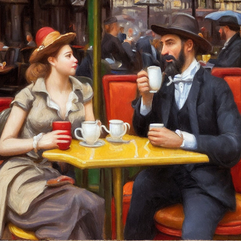 Bearded man and woman in hats drinking coffee at cafe table