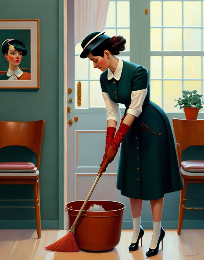 Vintage maid cleaning floor with broom near bucket and portrait