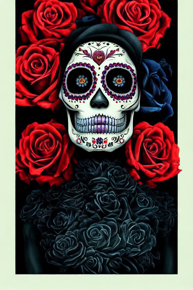 Floral-themed Day of the Dead skull on dark backdrop