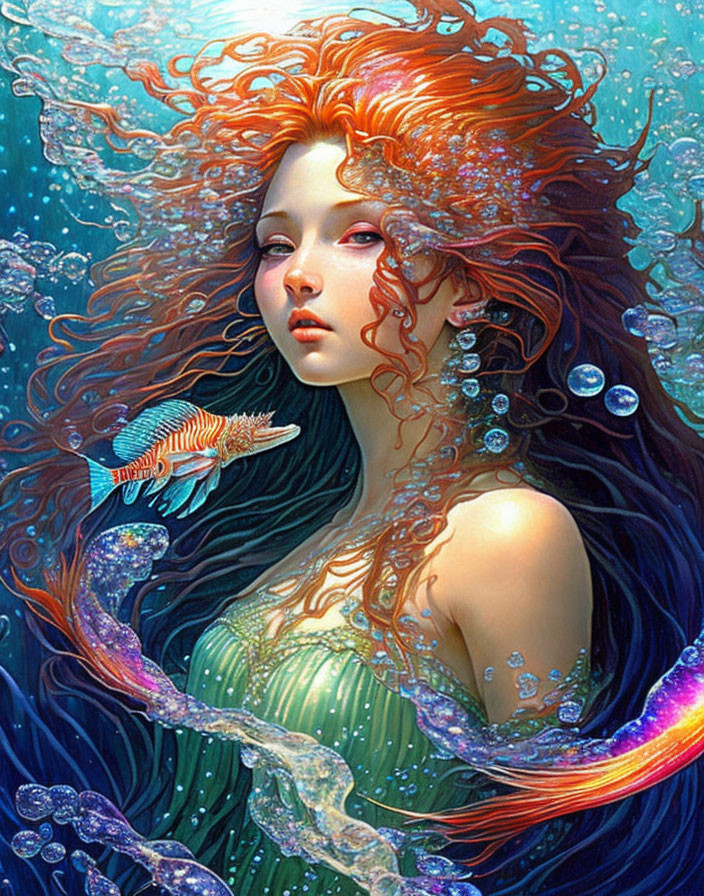 Vibrant red-haired mermaid underwater with colorful fish and bubbles