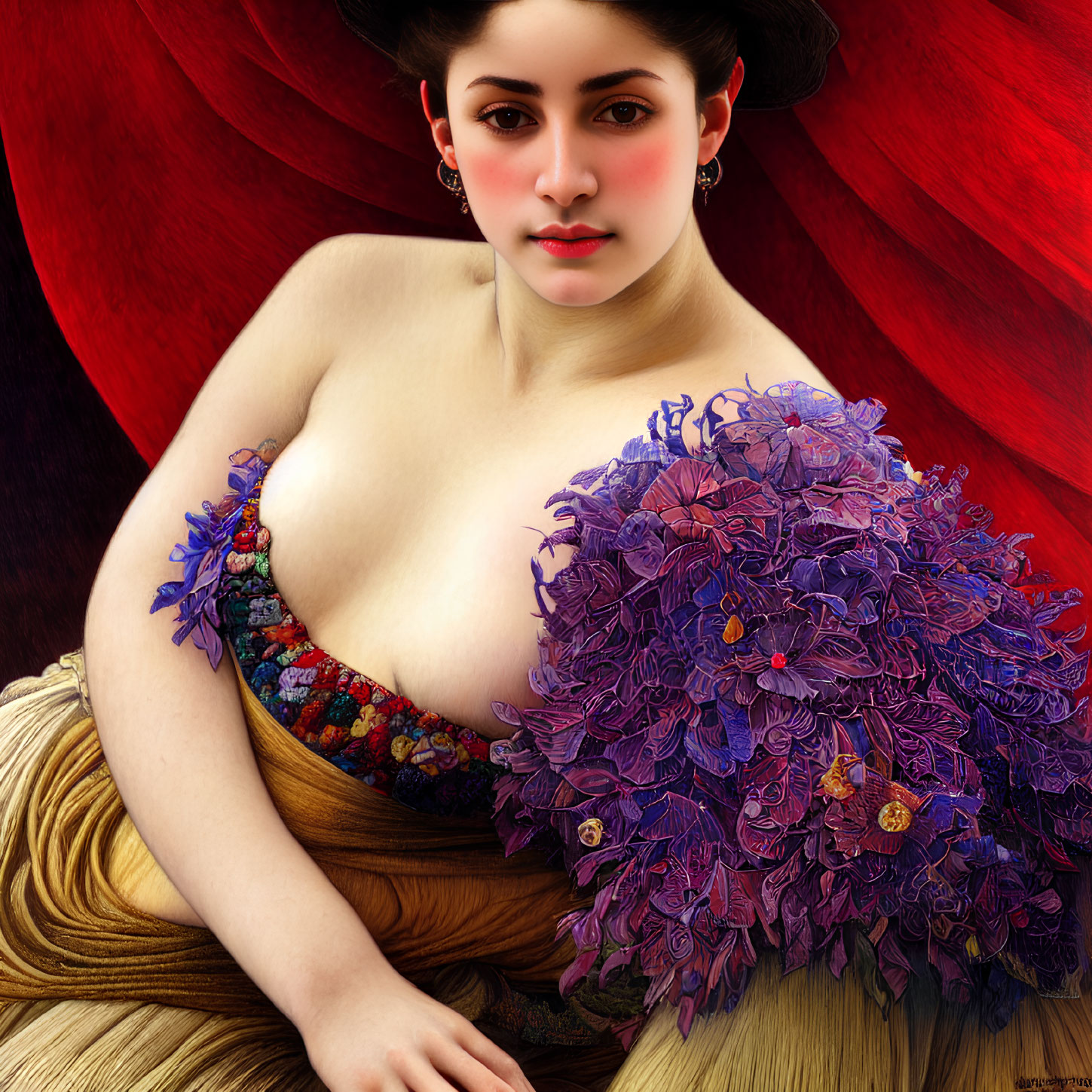 Woman in Red Hat and Purple Flower Dress with Golden Fabric - Classic Artistic Elegance