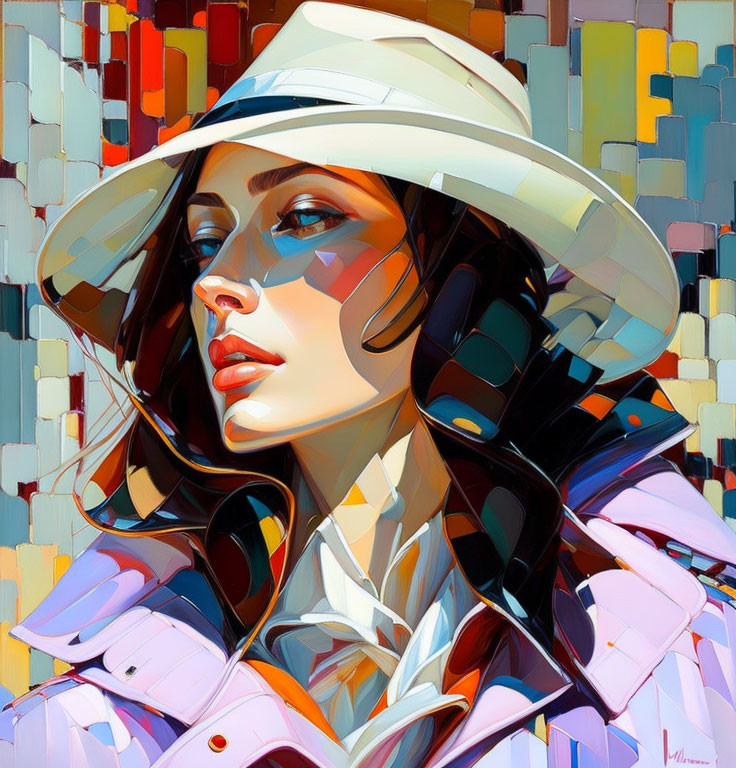 Colorful Geometric Portrait of Woman with White Hat and Multicolored Jacket