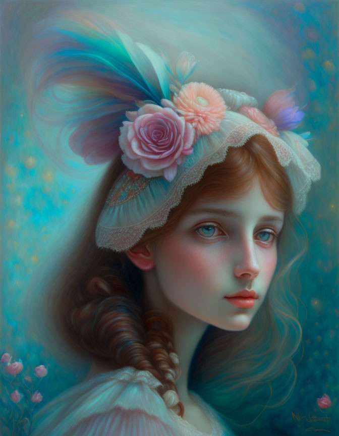 Portrait of young woman with braided hair and floral hat on blue background