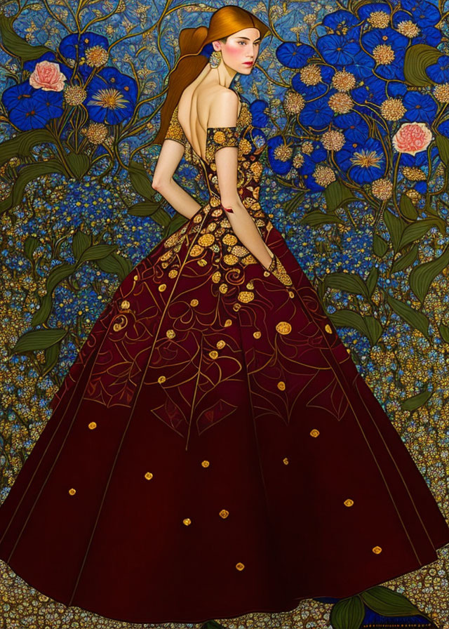 Stylized woman in burgundy dress with golden patterns on floral blue background