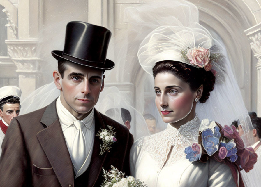 Victorian-style Wedding Portrait: Groom in Top Hat, Bride in White Gown with Flowers,