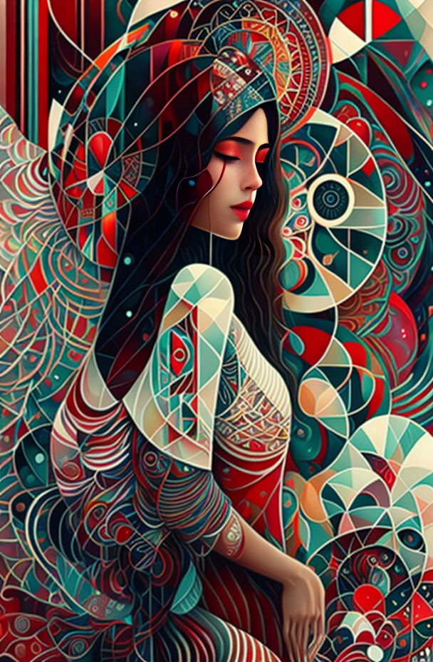 Vibrant digital artwork of woman with patterned shawl on abstract background