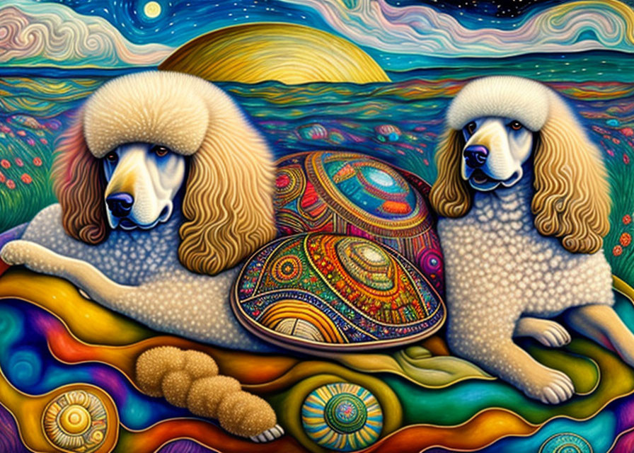 Colorful Psychedelic Art: Stylized Poodles & Decorated Turtle on Surreal Landscape