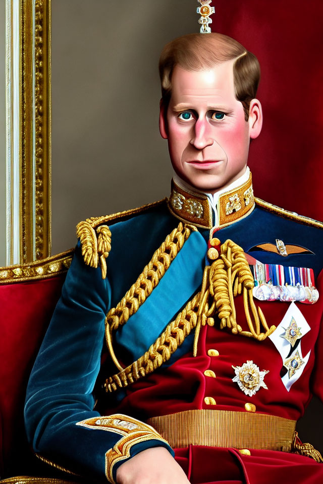 Man in ornate military uniform with medals by gilded frame on red background