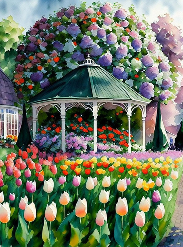 Vibrant garden painting with gazebo and blooming flowers