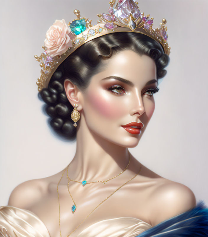 Illustration of elegant woman with crown, roses, jewels, gold accessories, styled hair, and makeup