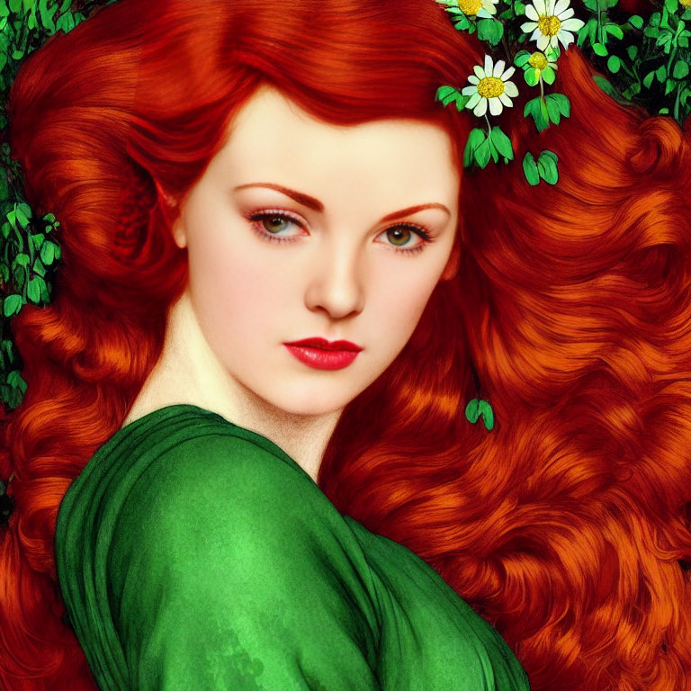 Digital portrait of woman with vibrant red hair and fair skin in green attire, set against floral backdrop