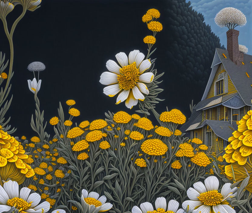 Illustrated night scene with house and tall flowers on dark sky