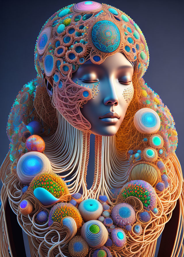 Colorful surreal portrait with coral and marine life patterns.