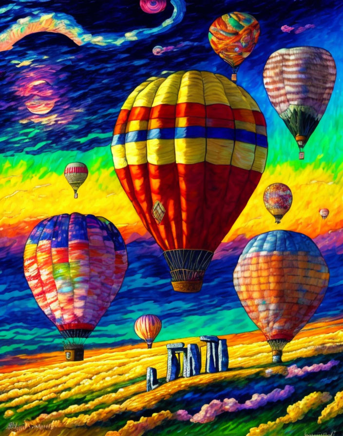 Vibrant hot air balloons over Stonehenge-like landscape