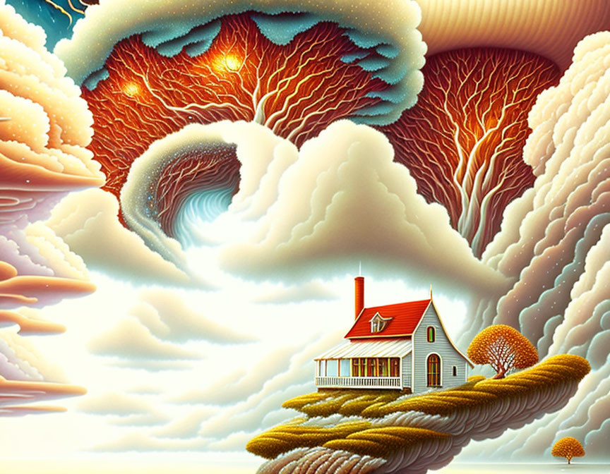 Surreal landscape featuring lone house on leafy platform amid cloud waves and autumn-hued tree-like