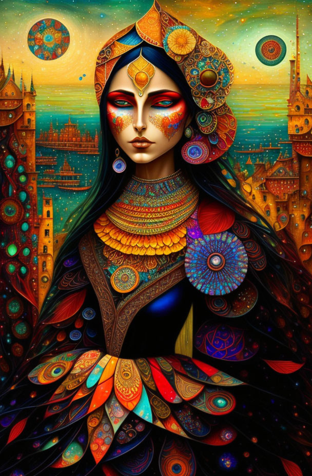 Colorful Woman Illustration with Intricate Patterns and Celestial Motifs