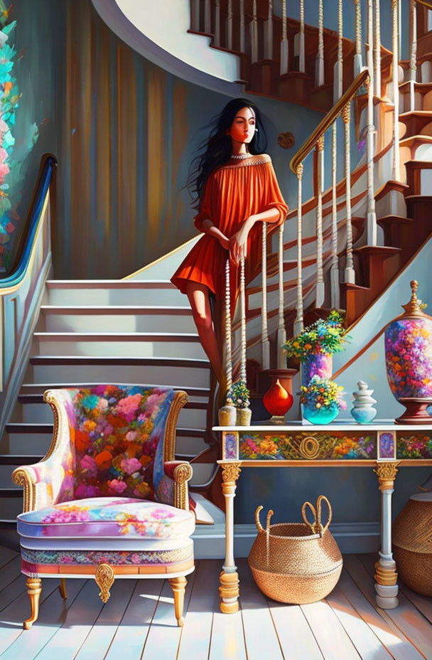 Woman in Red Dress on Colorful Staircase in Vibrant Interior