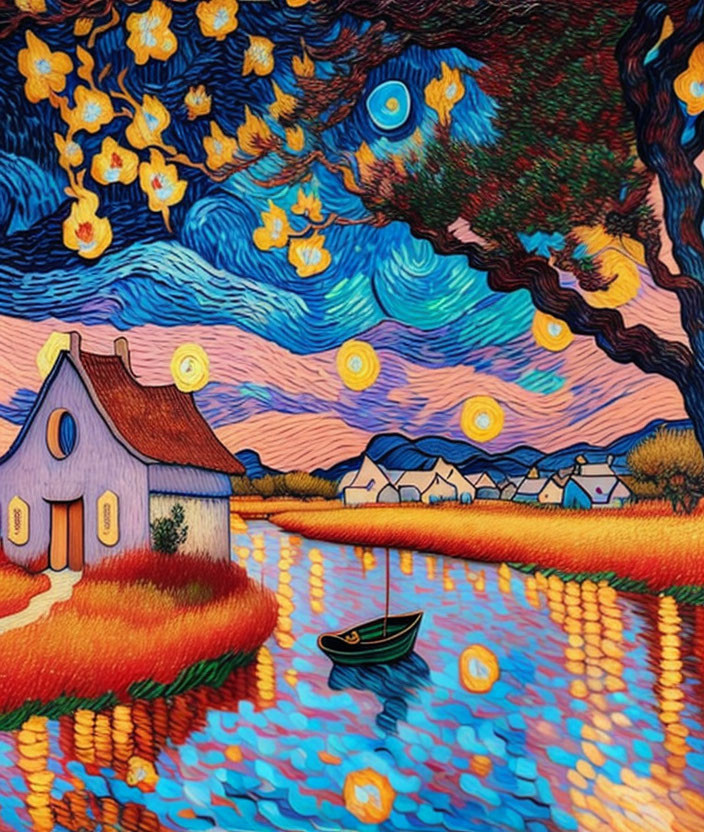 Stylized painting with swirling sky, golden stars, boat, and quaint house