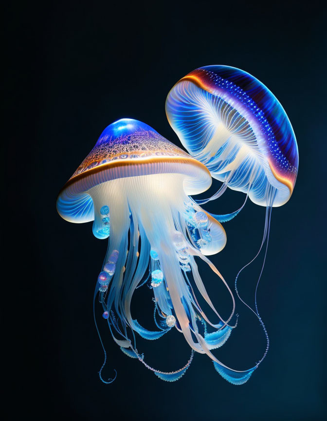 Bioluminescent jellyfish with long tentacles on dark blue backdrop