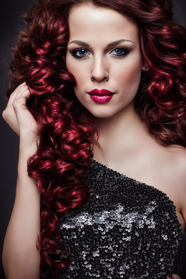 Vibrant red curly hair woman in sequined top with pink lips pose on dark background