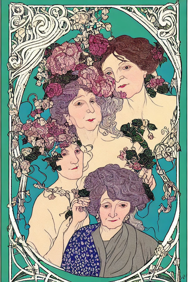 Four women in Art Nouveau style illustration with floral patterns in green, purple, and pink.