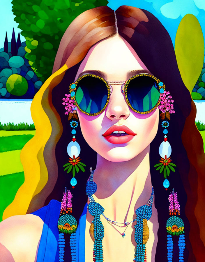 Vibrant woman illustration with floral sunglasses and colorful jewelry