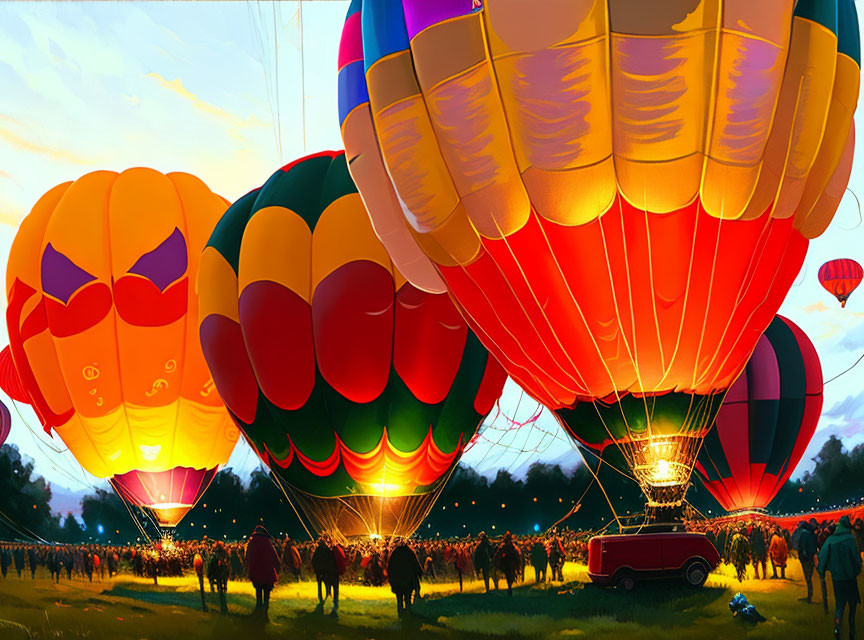 Vibrant hot air balloons inflate at dusk with festival lights