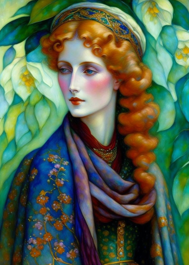 Ethereal woman with red hair in golden headpiece and blue cloak surrounded by white petals