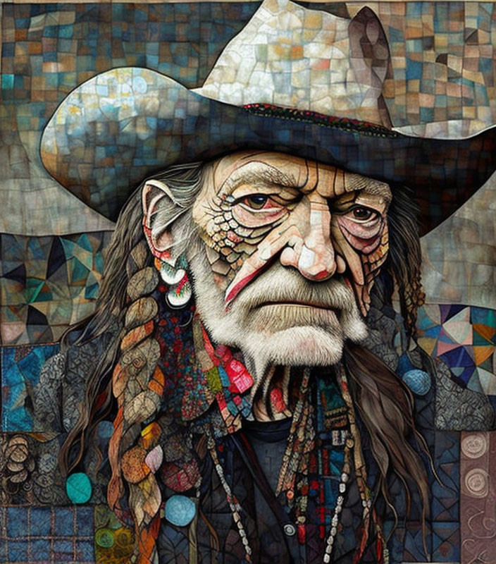 Elderly Man Mosaic Artwork with Cowboy Hat, Beads, and Feathers