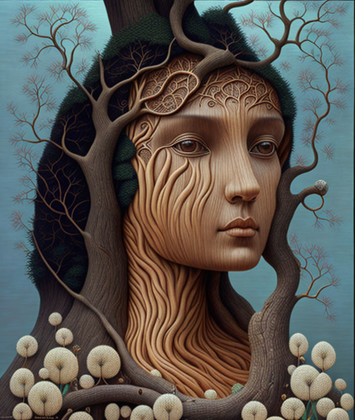 Person with features merging into a tree in surreal art