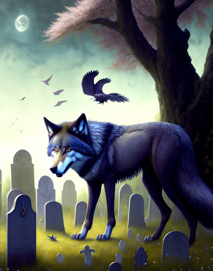 Wolf in Moonlit Cemetery with Gravestones, Birds, and Tree