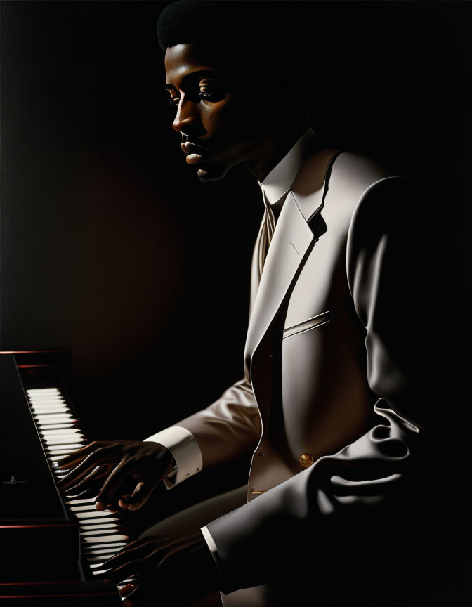 Elegant person playing grand piano in dimly lit room