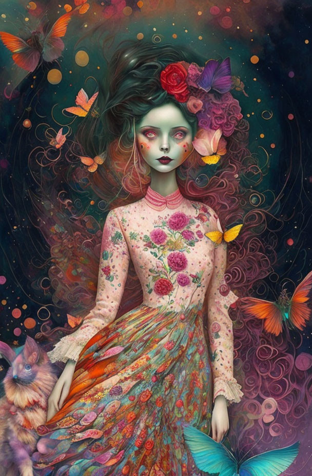 Fantastical woman with floral attire, butterflies, mystical cat, against starry backdrop.