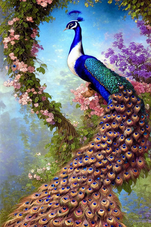 Colorful peacock with vibrant blue neck and iridescent tail feathers in lush garden.