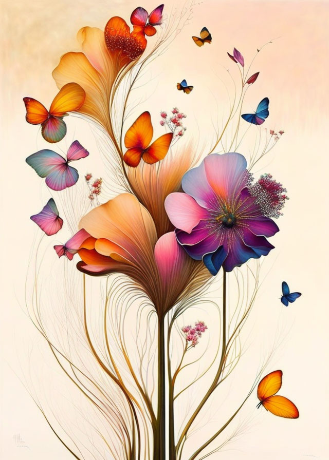 Vibrant floral and butterfly illustration with delicate details