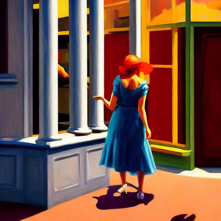 Woman in Blue Dress and Red Hat by Building with Columns and Red Door