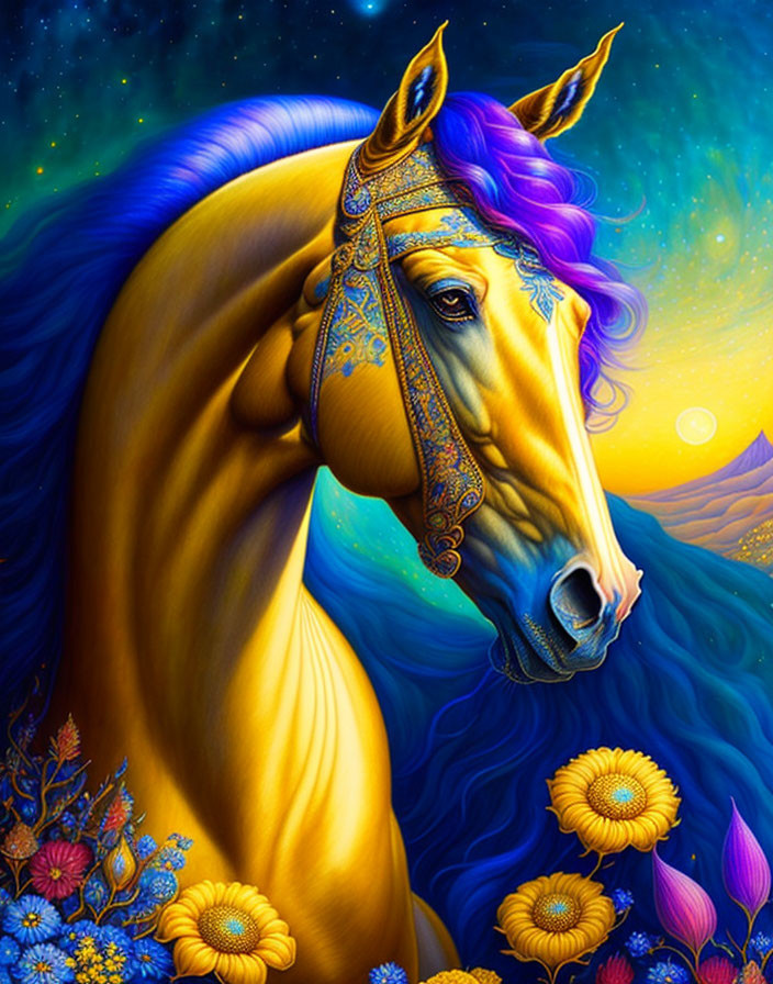 Golden horse with blue mane and headdress in starry night scene