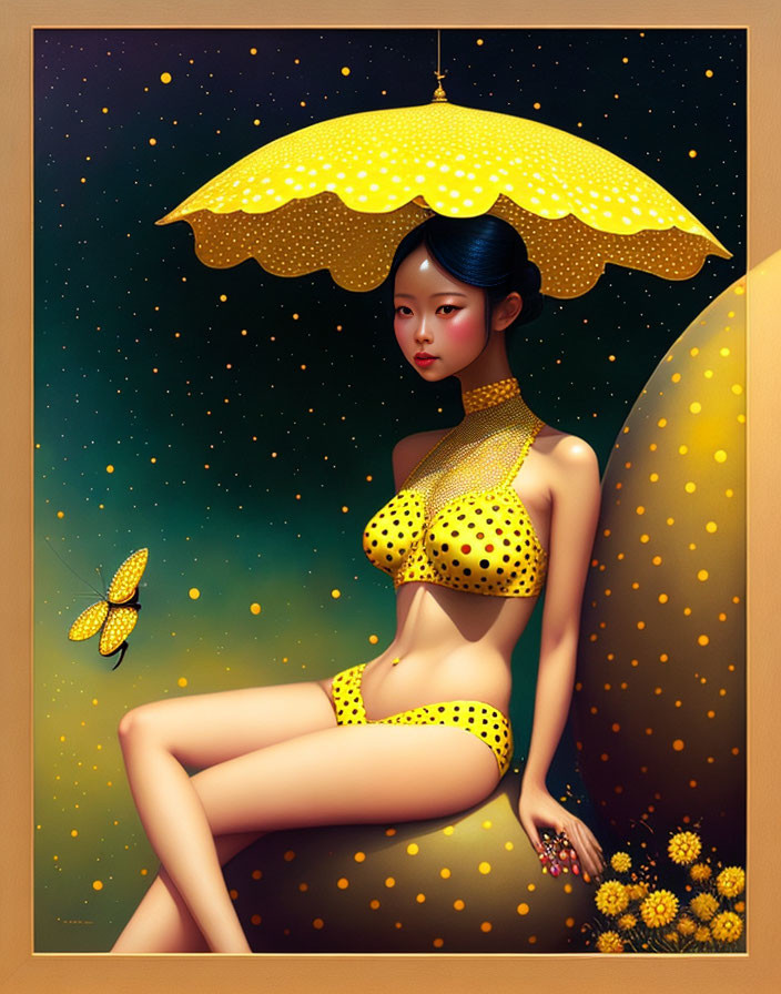 Illustrated woman with umbrella in yellow spotted attire under starry sky with butterfly