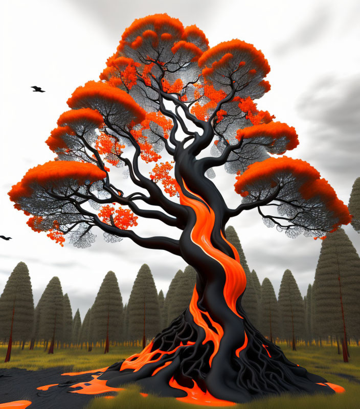 Vivid artwork of tree with lava-like branches against dark, cone-shaped trees and cloudy sky